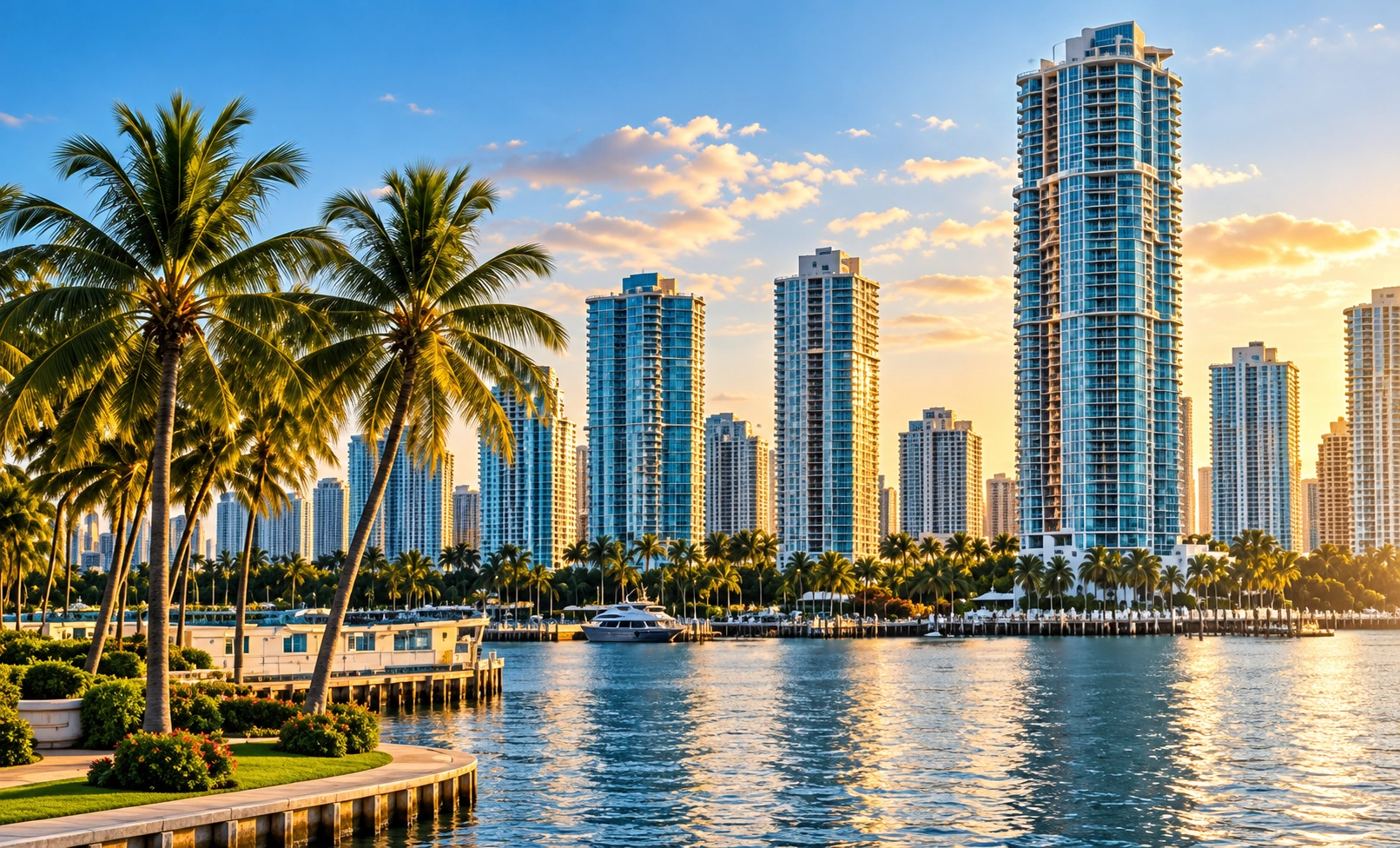 South Florida waterfront with palms and skyline