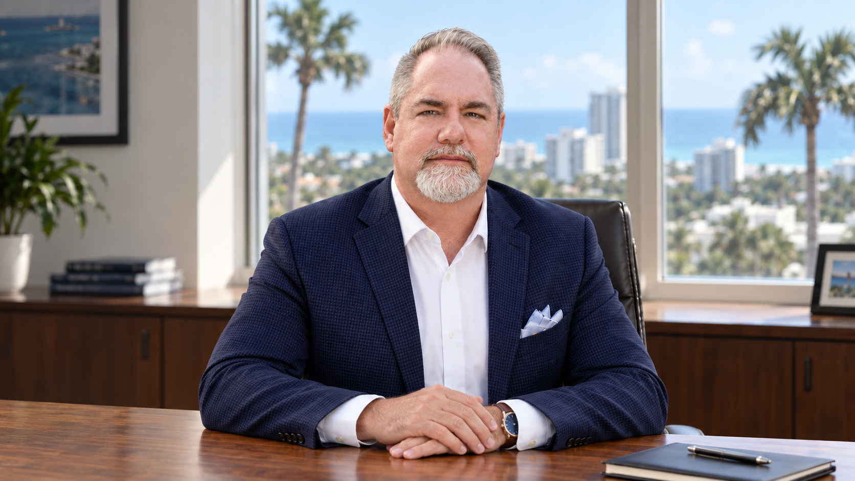 Darin McMahon seated at an office desk with palms and an ocean view through the window