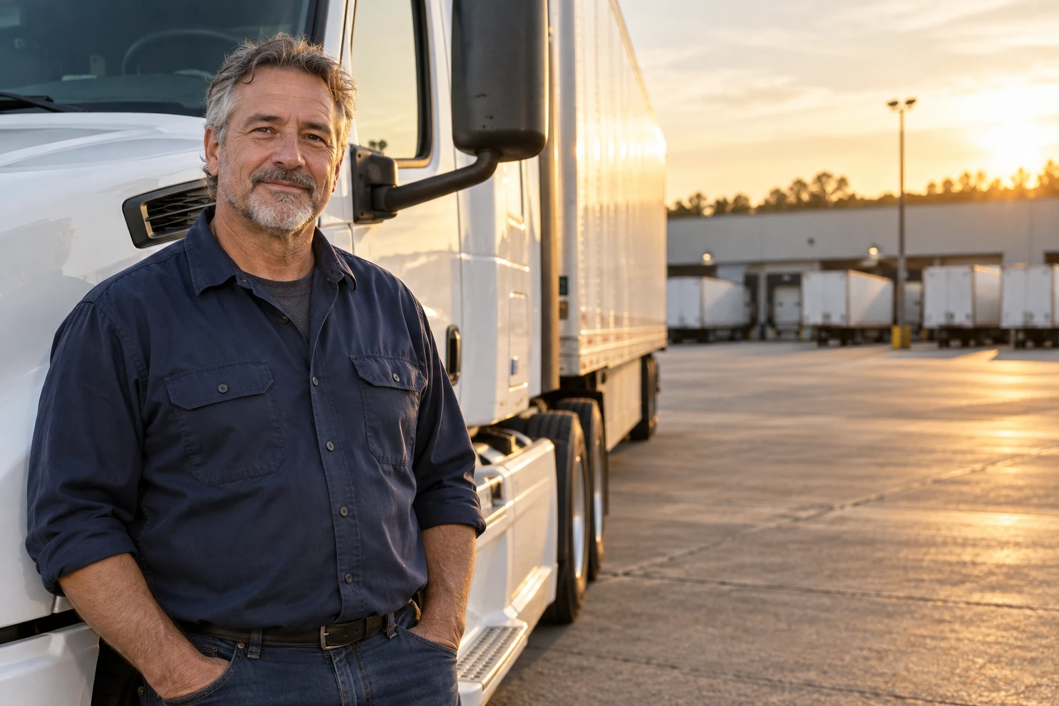 Illustrative portrait of a truck driver beside a truck