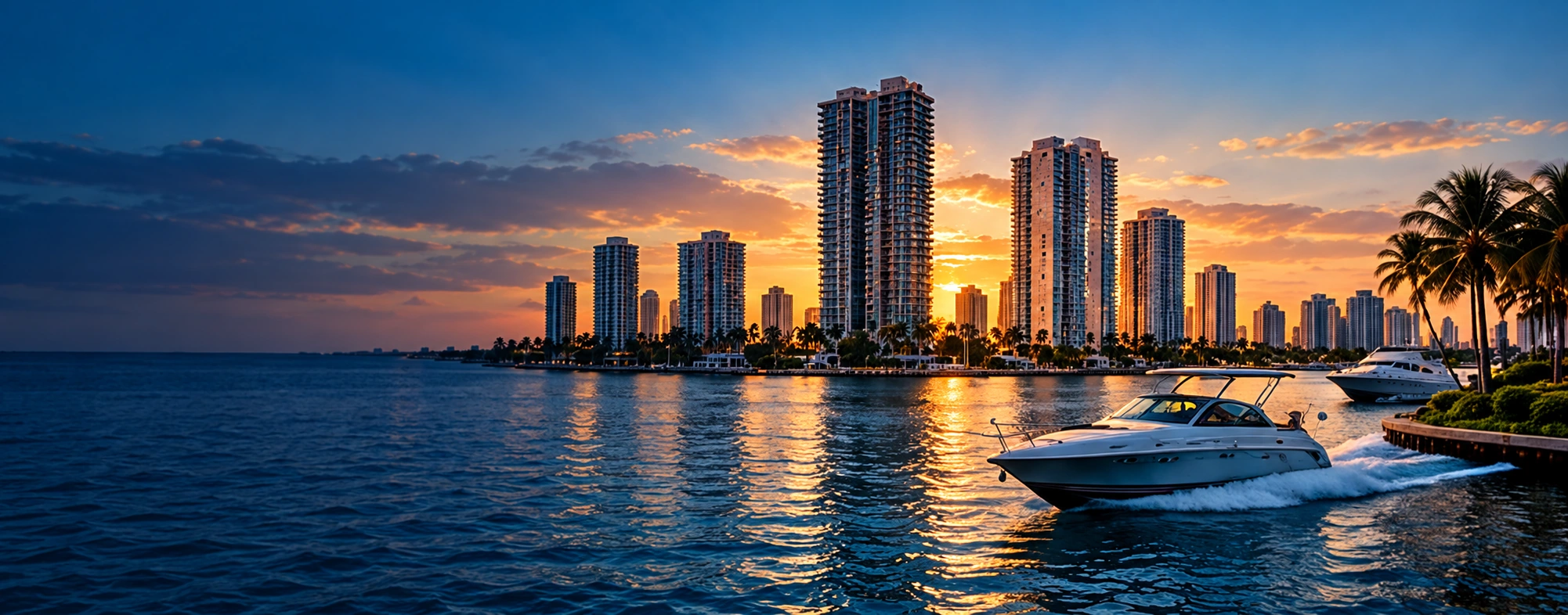 South Florida golden-hour waterfront, palms and skyline with a clearly visible white yacht